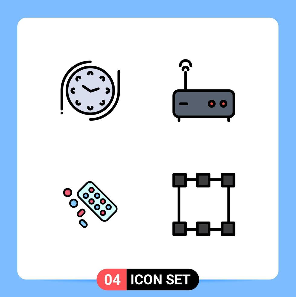 Pack of 4 Modern Filledline Flat Colors Signs and Symbols for Web Print Media such as clock treatment hub medicine points Editable Vector Design Elements