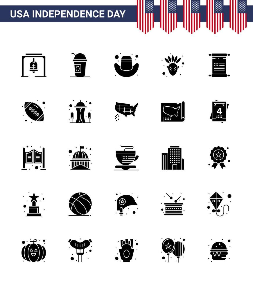 Set of 25 Vector Solid Glyph on 4th July USA Independence Day such as usa text american scroll native american Editable USA Day Vector Design Elements