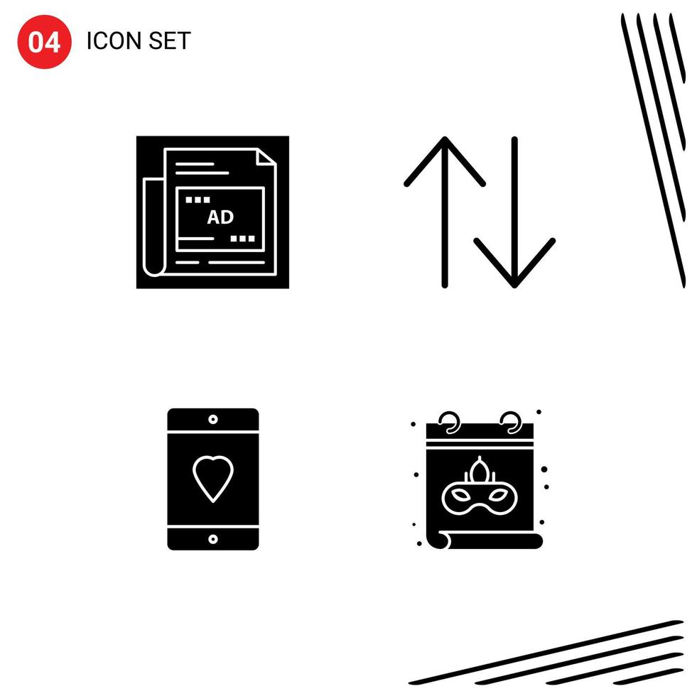 Pictogram Set of 4 Simple Solid Glyphs of newspaper heart headline upside mobile Editable Vector Design Elements