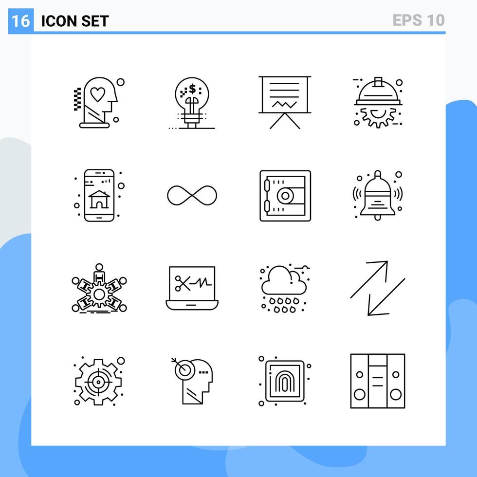 los iconos de estilo moderno de 16 líneas describen símbolos para uso general signo de icono de línea creativa aislado sobre fondo blanco paquete de 16 iconos vector