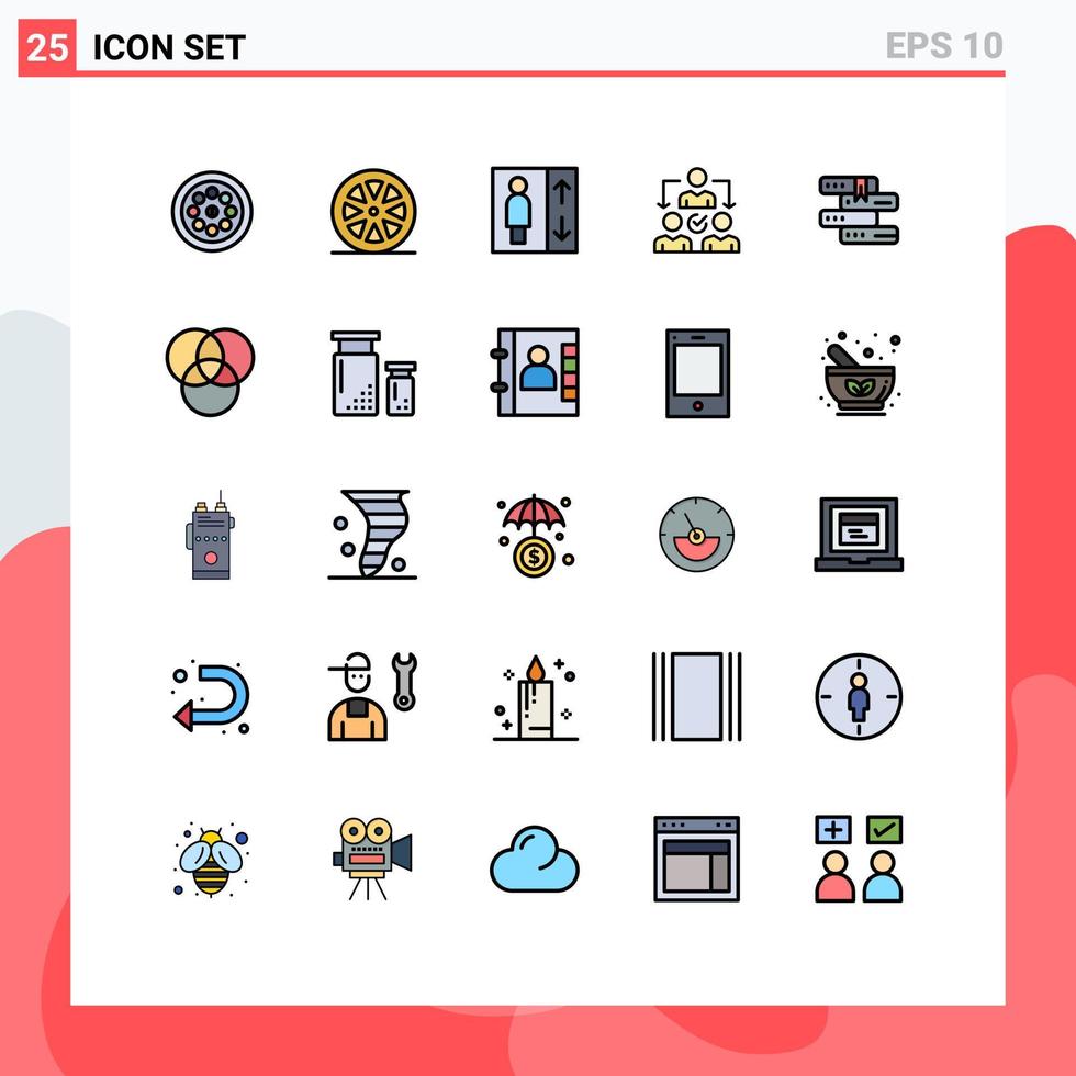 25 User Interface Filled line Flat Color Pack of modern Signs and Symbols of library books elevator distribution delegate Editable Vector Design Elements