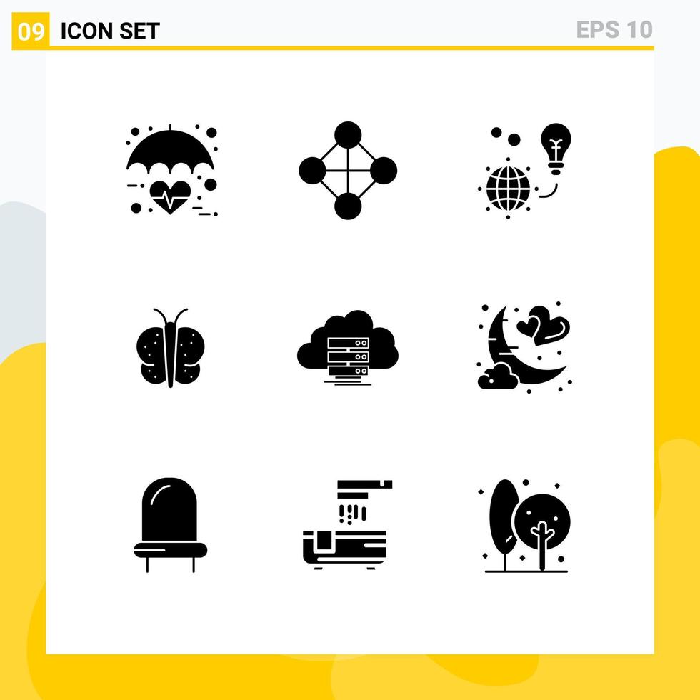 Mobile Interface Solid Glyph Set of 9 Pictograms of cloud easter protection butterfly earth Editable Vector Design Elements