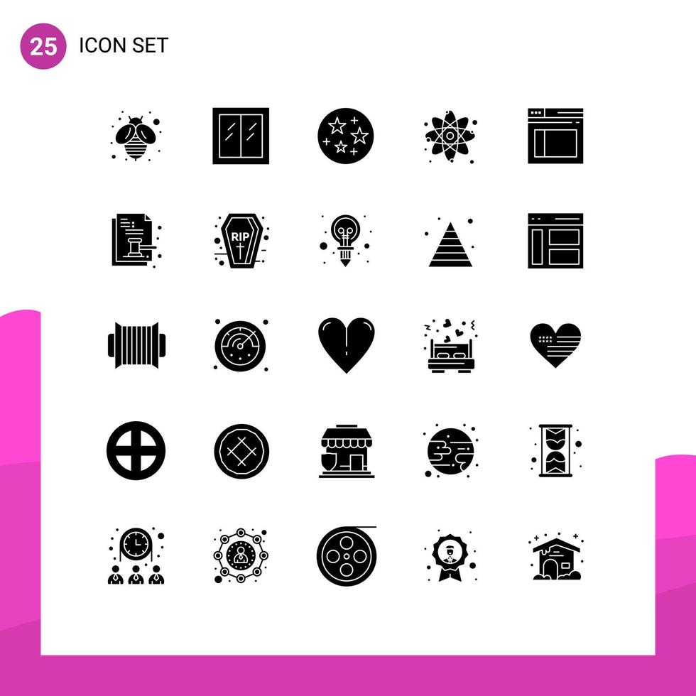 Pack of 25 creative Solid Glyphs of website secure space page molecule Editable Vector Design Elements