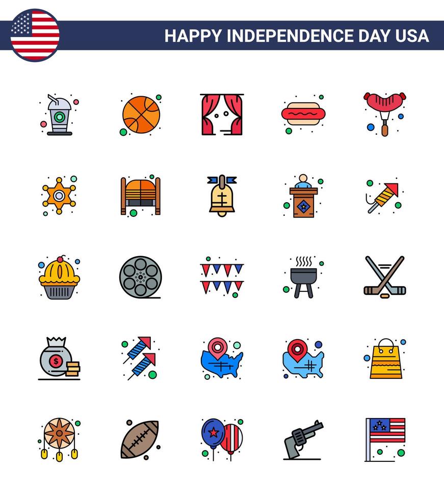 Pack of 25 creative USA Independence Day related Flat Filled Lines of frankfurter hot i entertainment food hot dog Editable USA Day Vector Design Elements