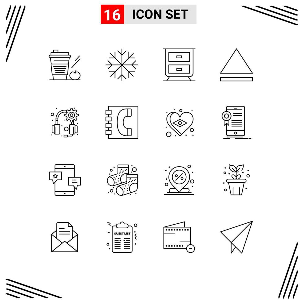 16 signos de contorno universal símbolos de contactos comunicación cajón libro auriculares elementos de diseño vectorial editables vector