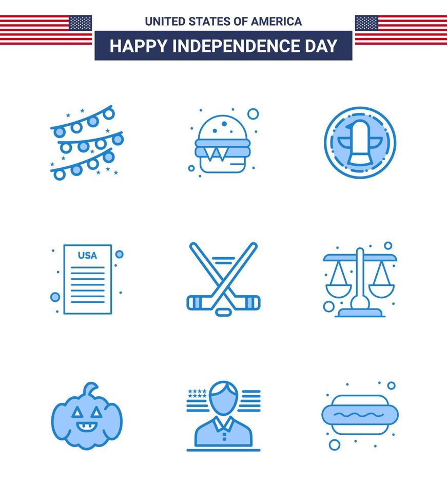 Set of 9 Vector Blues on 4th July USA Independence Day such as american ice sport bird hokey declaration of independence Editable USA Day Vector Design Elements