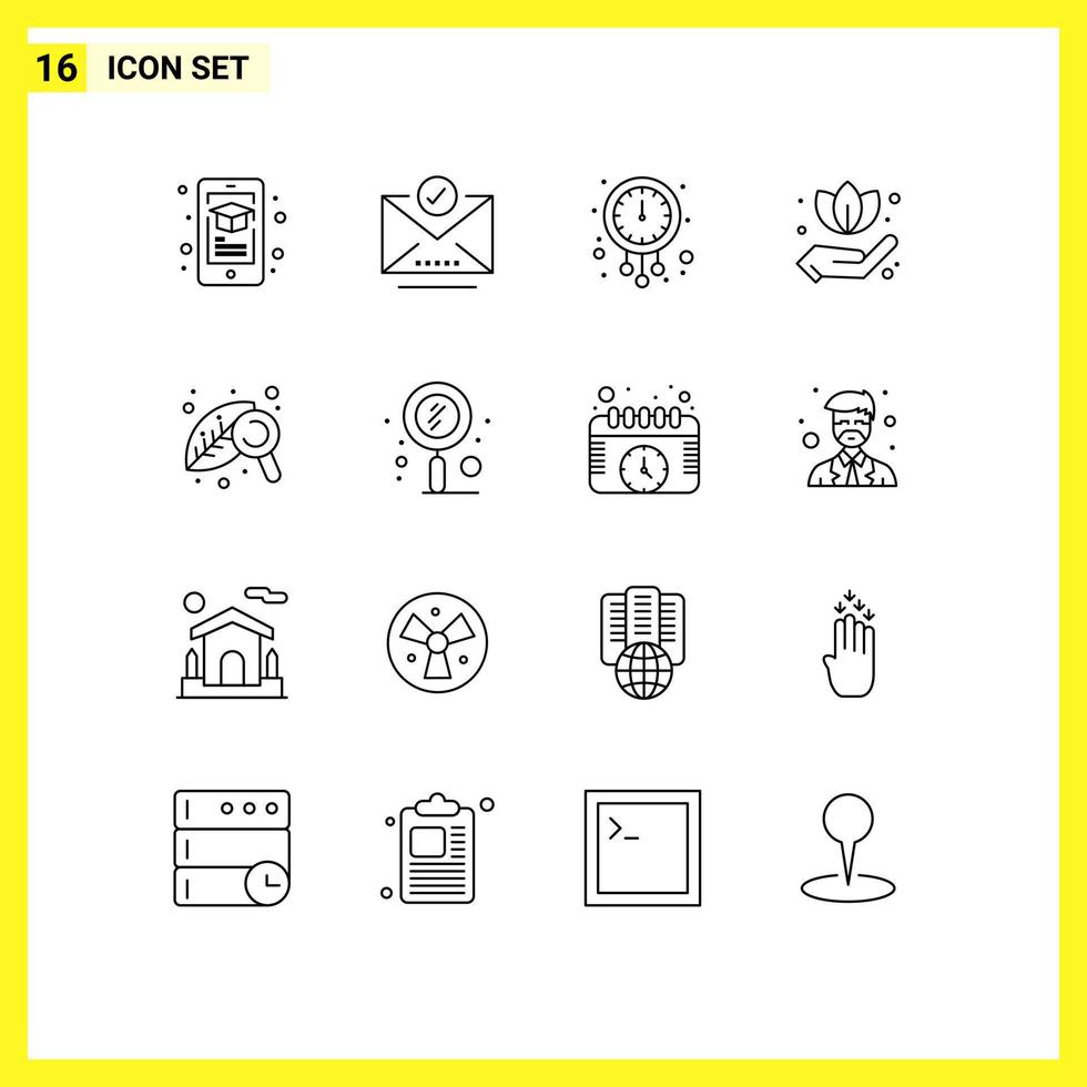 Set of 16 Vector Outlines on Grid for research leaf clock green watch Editable Vector Design Elements