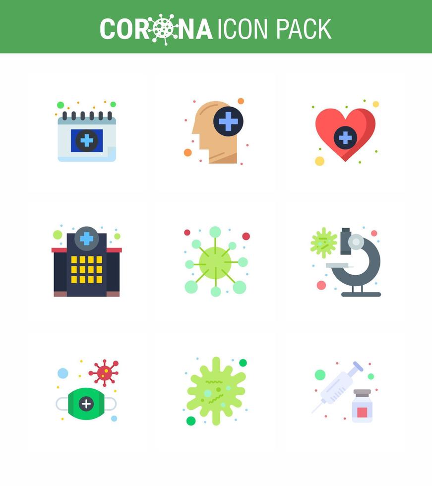 Coronavirus awareness icons 9 Flat Color icon Corona Virus Flu Related such as antigen medical heart hospital building viral coronavirus 2019nov disease Vector Design Elements