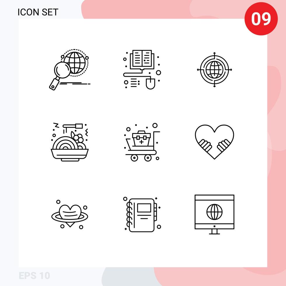 User Interface Pack of 9 Basic Outlines of medical cart first aid globe fast chinese food Editable Vector Design Elements