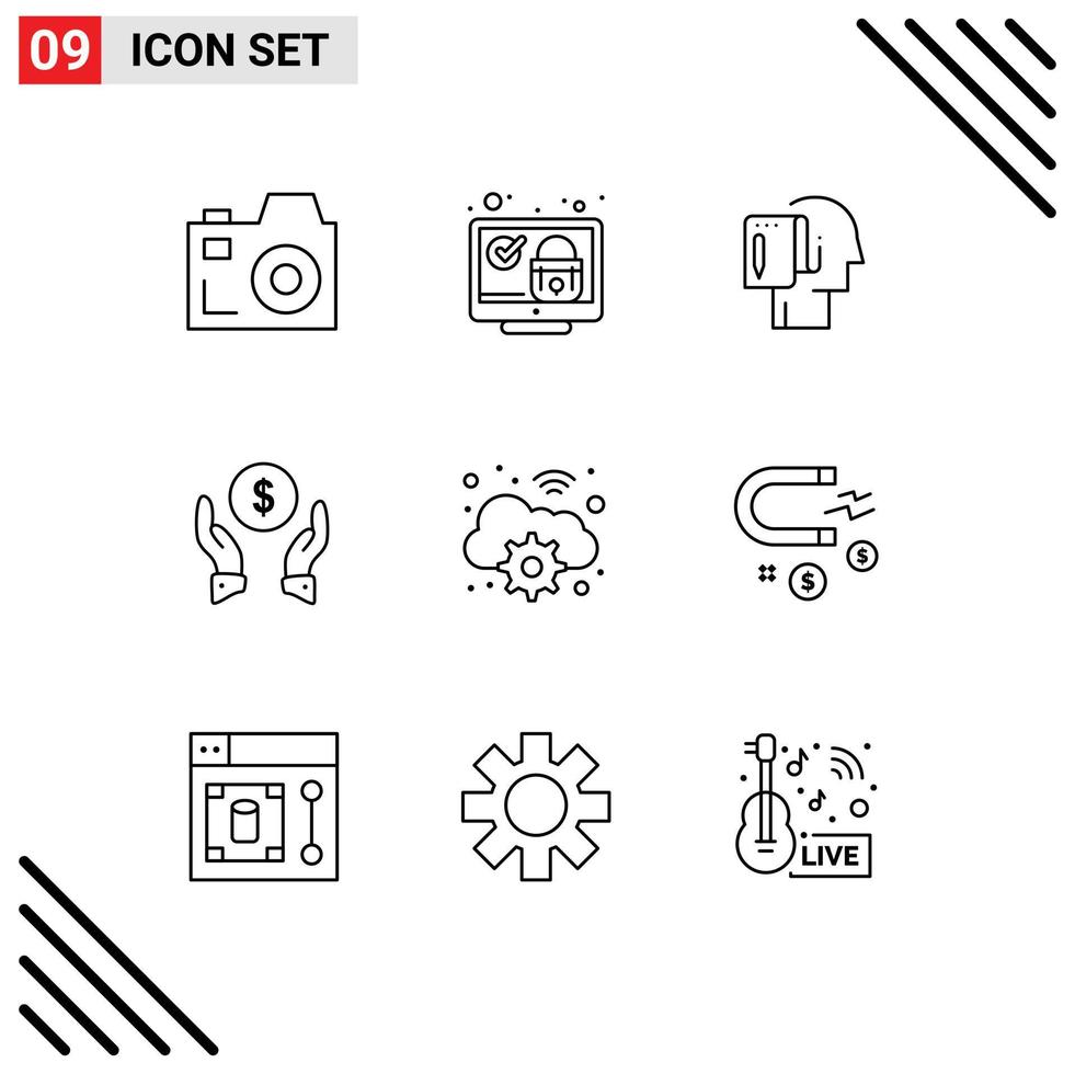 Group of 9 Outlines Signs and Symbols for cloud money begin finance insurance start Editable Vector Design Elements