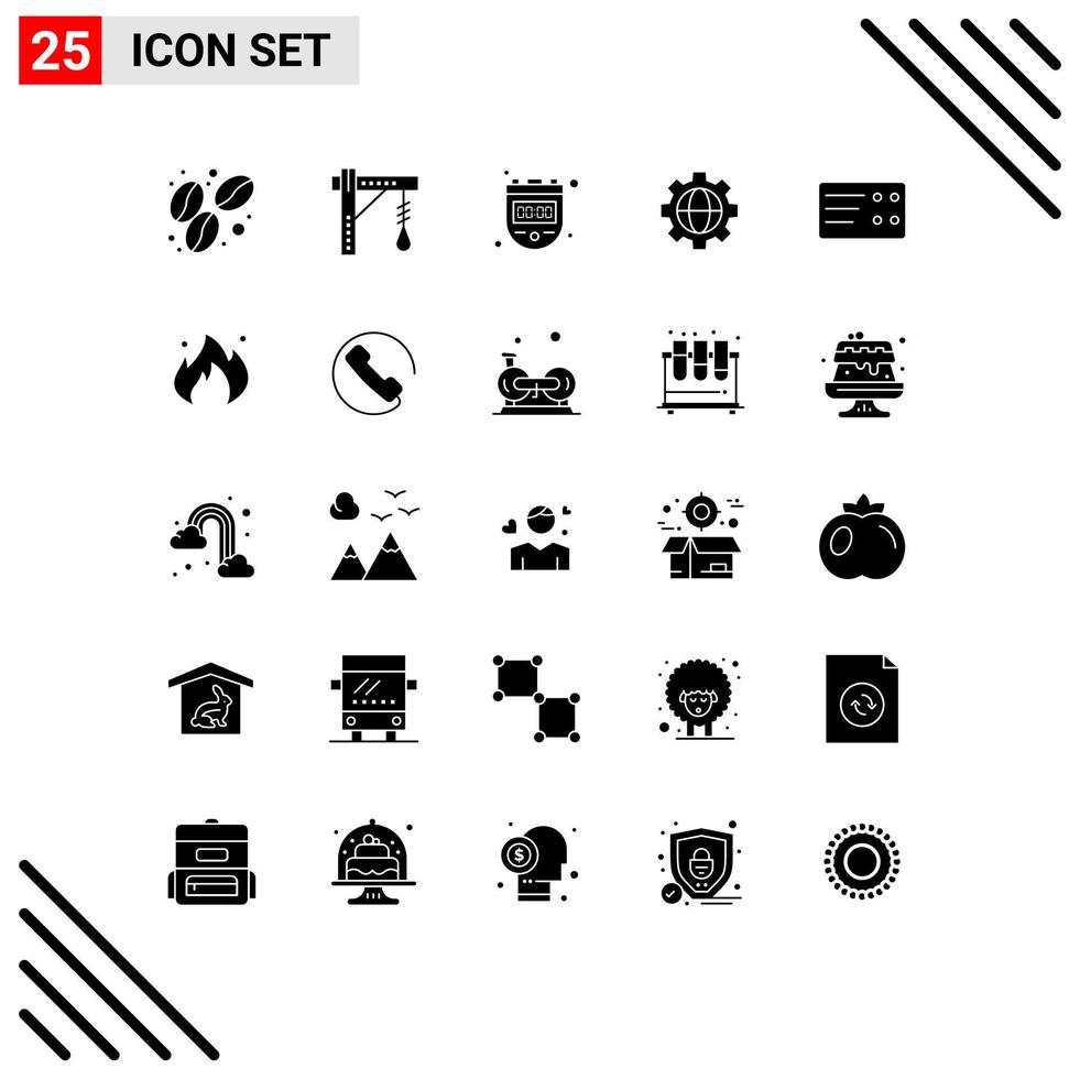 Pack of 25 Modern Solid Glyphs Signs and Symbols for Web Print Media such as fire ticket chronometer globe gear Editable Vector Design Elements