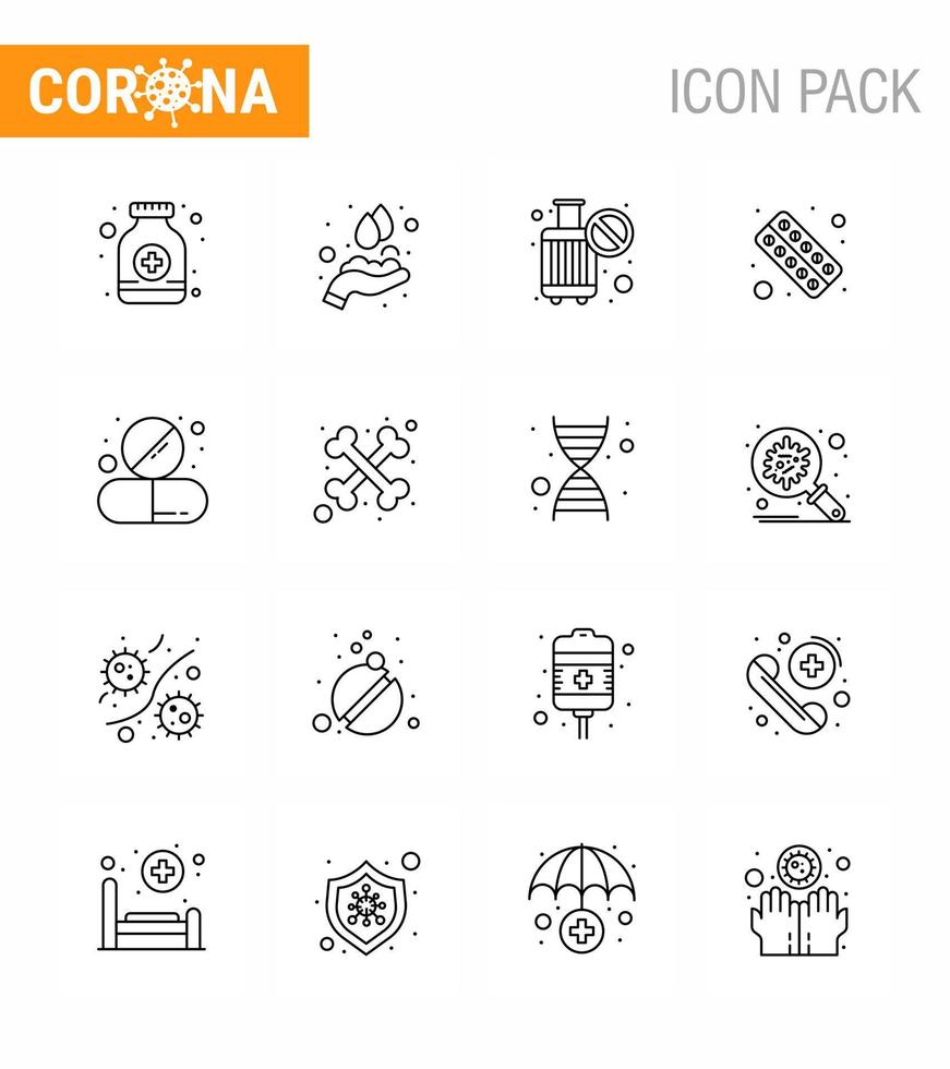 paquete de iconos de epidemia de coronavirus de 16 líneas chupar como tableta prohibición de salud formas drogas coronavirus viral 2019nov elementos de diseño de vector de enfermedad