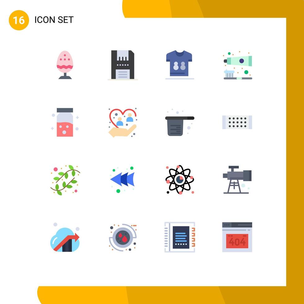 grupo universal de símbolos de iconos de 16 colores planos modernos de cepillo de dientes camisas de reproductor de disquete paquete editable de elementos creativos de diseño de vectores