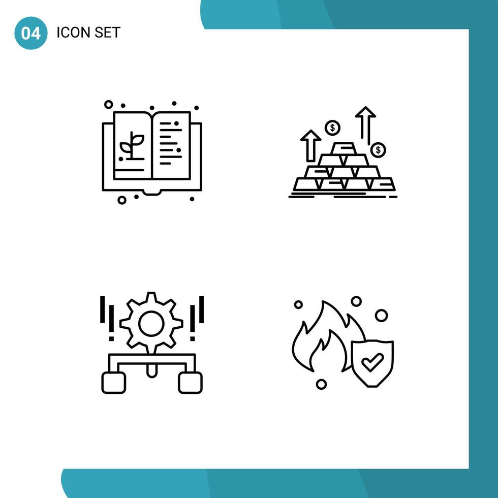 Mobile Interface Line Set of 4 Pictograms of book growth growth coin gear Editable Vector Design Elements