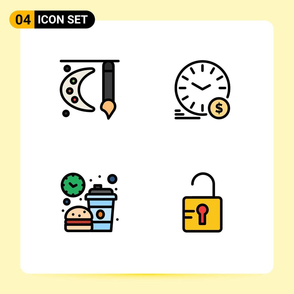 Pack of 4 Modern Filledline Flat Colors Signs and Symbols for Web Print Media such as art currency painting brush money coffee Editable Vector Design Elements