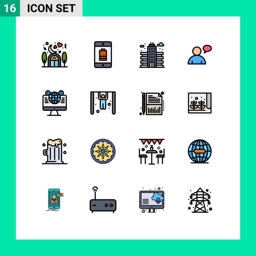 conjunto moderno de 16 líneas y símbolos rellenos de colores planos, como el chat móvil del usuario del globo, la construcción de elementos de diseño de vectores creativos editables