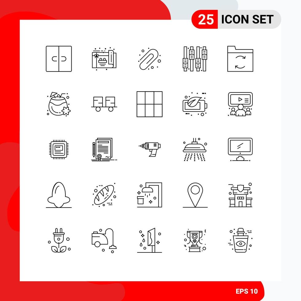 Mobile Interface Line Set of 25 Pictograms of coconut juice sync education data equalizer Editable Vector Design Elements