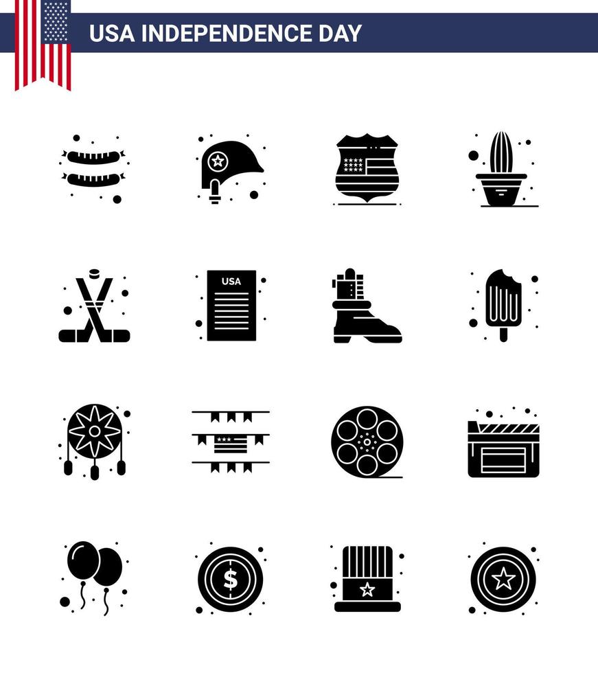 Set of 16 Modern Solid Glyphs pack on USA Independence Day sports hockey sign pot flower Editable USA Day Vector Design Elements