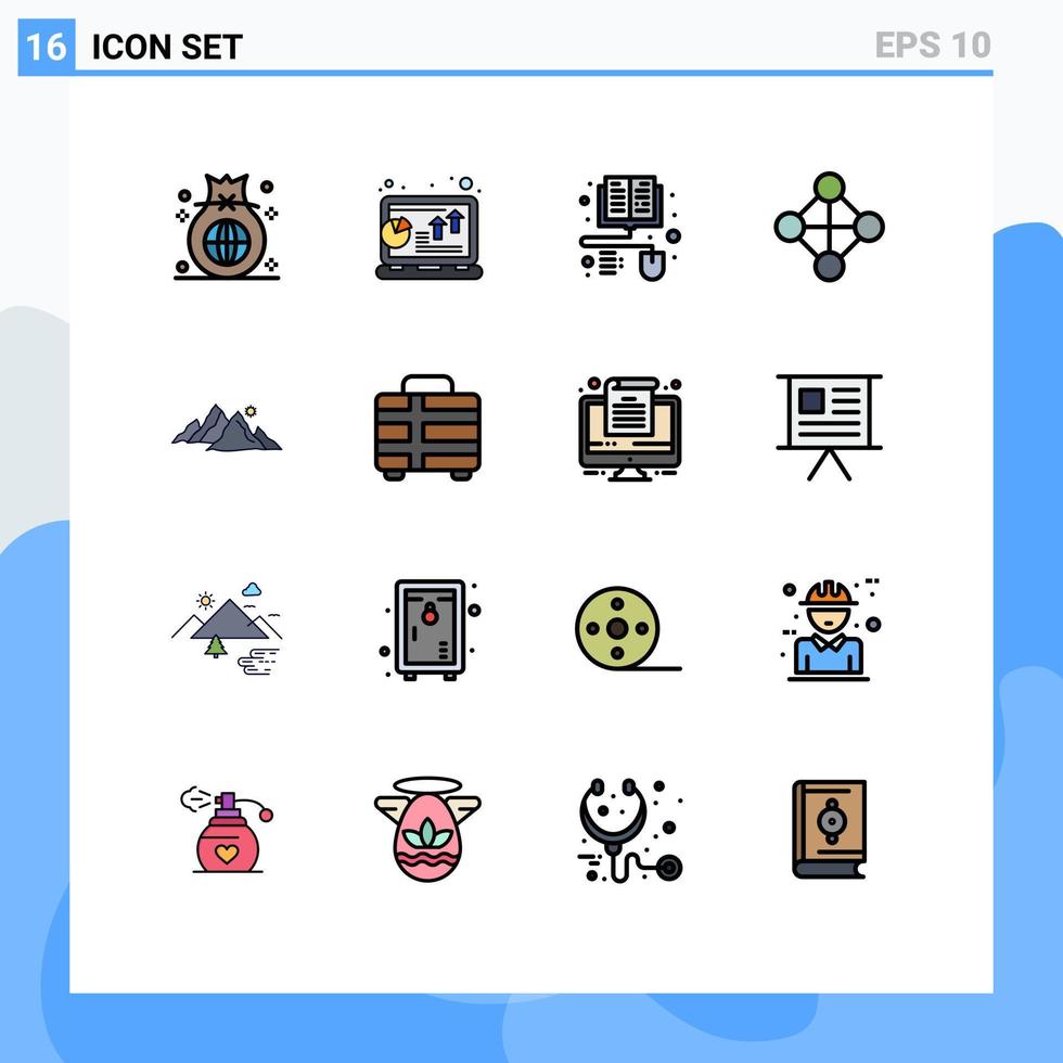 paquete de 16 signos y símbolos de líneas llenas de colores planos modernos para medios de impresión web, como elementos de diseño de vectores creativos editables de libros electrónicos de redes portátiles de topología horizontal