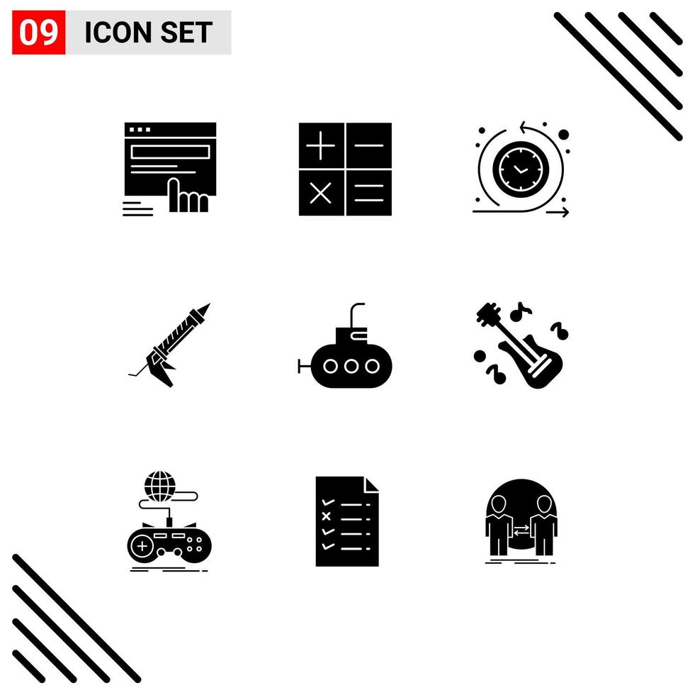 Universal Icon Symbols Group of 9 Modern Solid Glyphs of bathyscaph construction cycle time repair sealant Editable Vector Design Elements