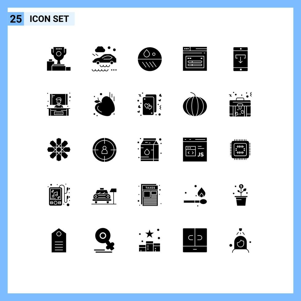 Set of 25 Commercial Solid Glyphs pack for application web wet road page skin Editable Vector Design Elements