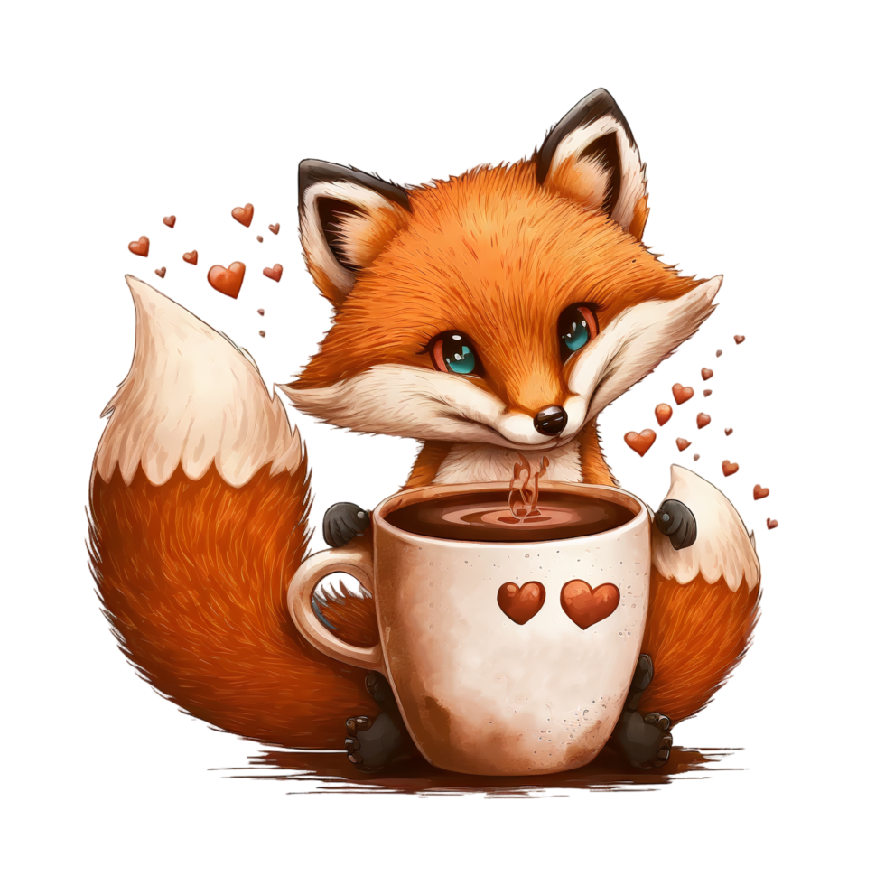 valentine fox with a mug of chocolate png