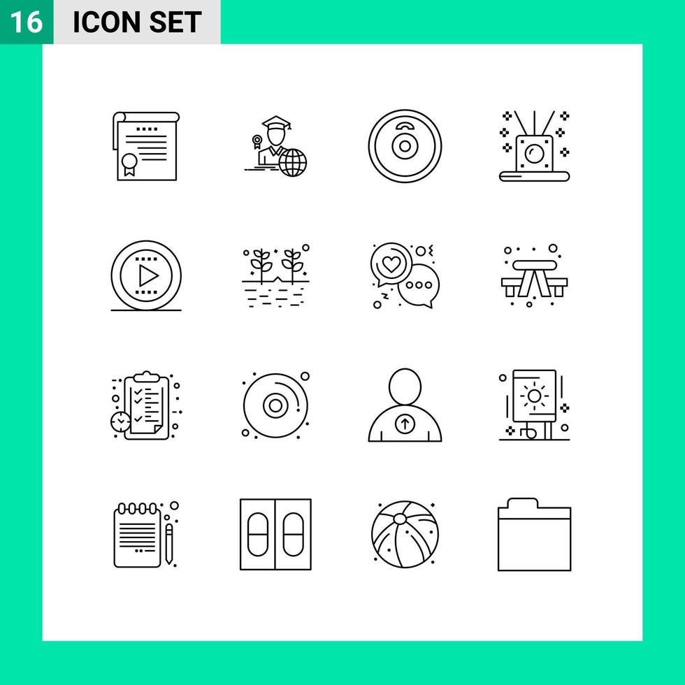 Set of 16 Modern UI Icons Symbols Signs for play tone barbell sticks relaxing Editable Vector Design Elements
