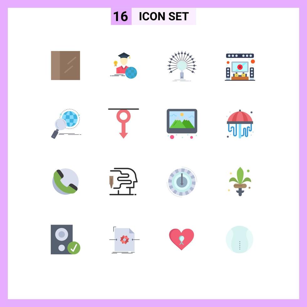 16 símbolos universales de signos de color plano de lupa global teatro informativo hogar paquete editable de elementos creativos de diseño de vectores