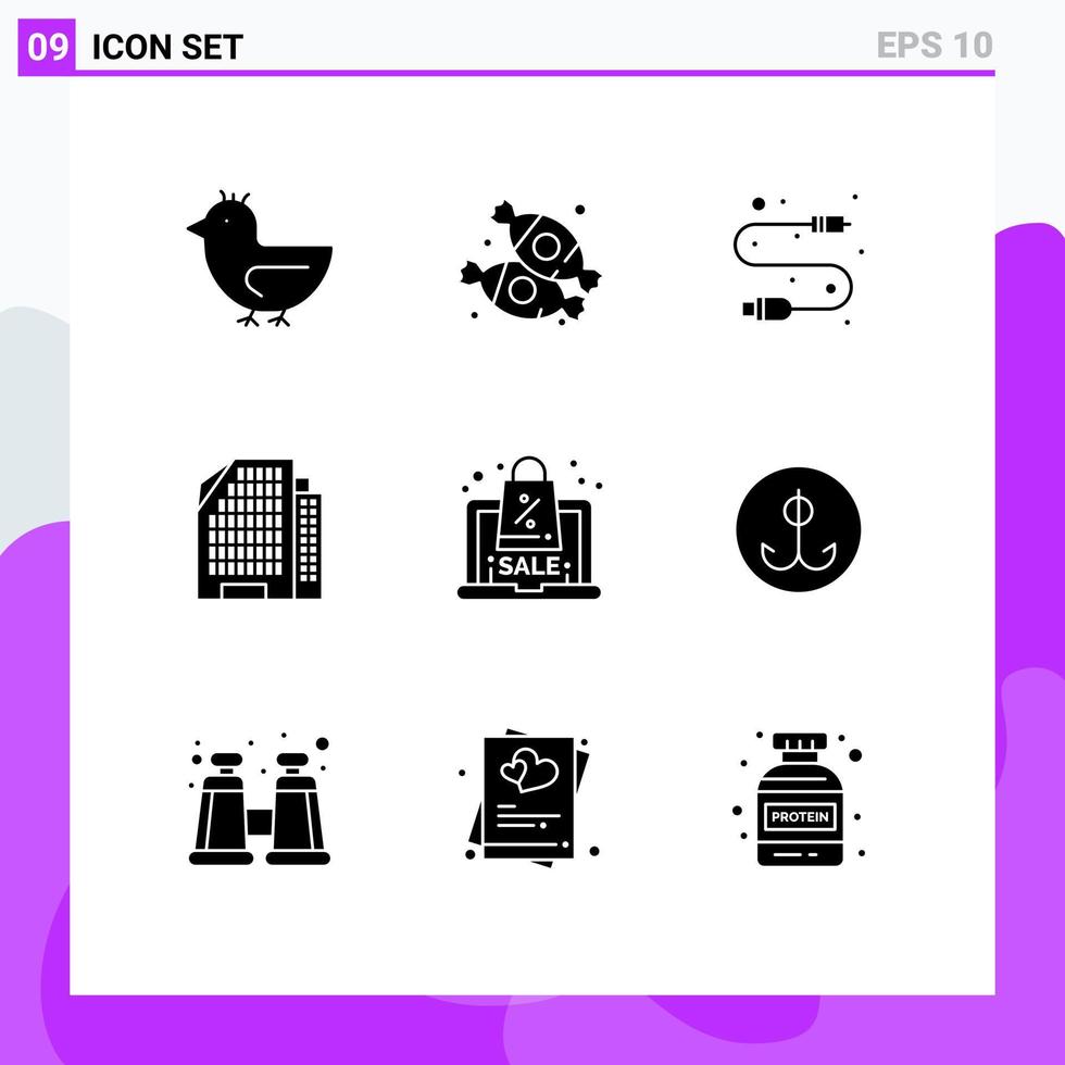 Editable Vector Line Pack of 9 Simple Solid Glyphs of offer discount cable house apartment Editable Vector Design Elements