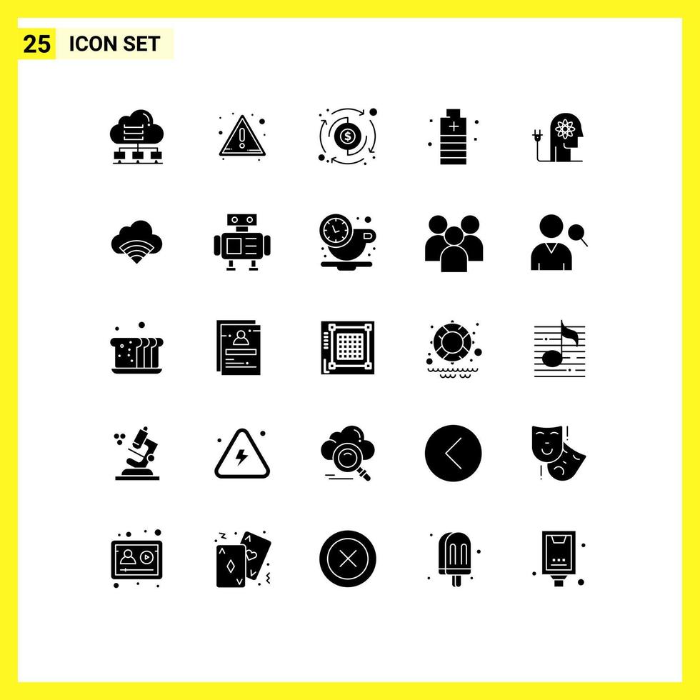 Pack of 25 creative Solid Glyphs of boosting power dollar essential battery Editable Vector Design Elements
