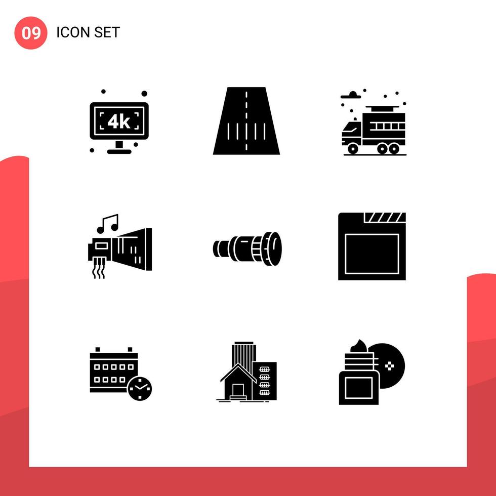 Set of 9 Commercial Solid Glyphs pack for camera cam life music device Editable Vector Design Elements