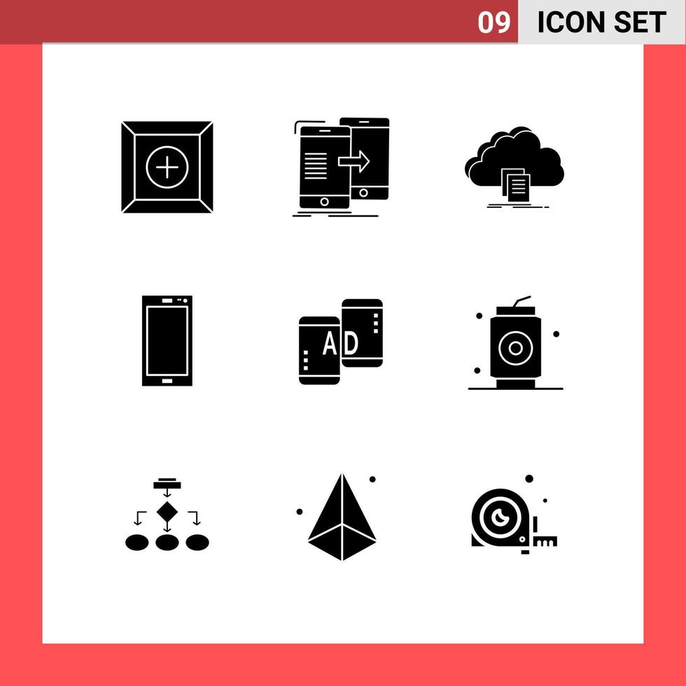 Universal Icon Symbols Group of 9 Modern Solid Glyphs of iphone mobile cloud smart phone download Editable Vector Design Elements