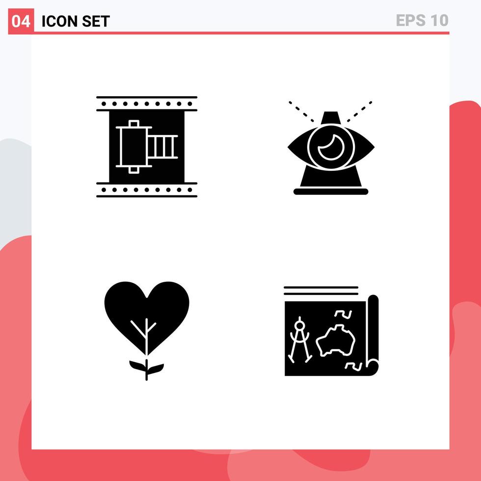 Mobile Interface Solid Glyph Set of 4 Pictograms of cinema providence movie reel eye love Editable Vector Design Elements