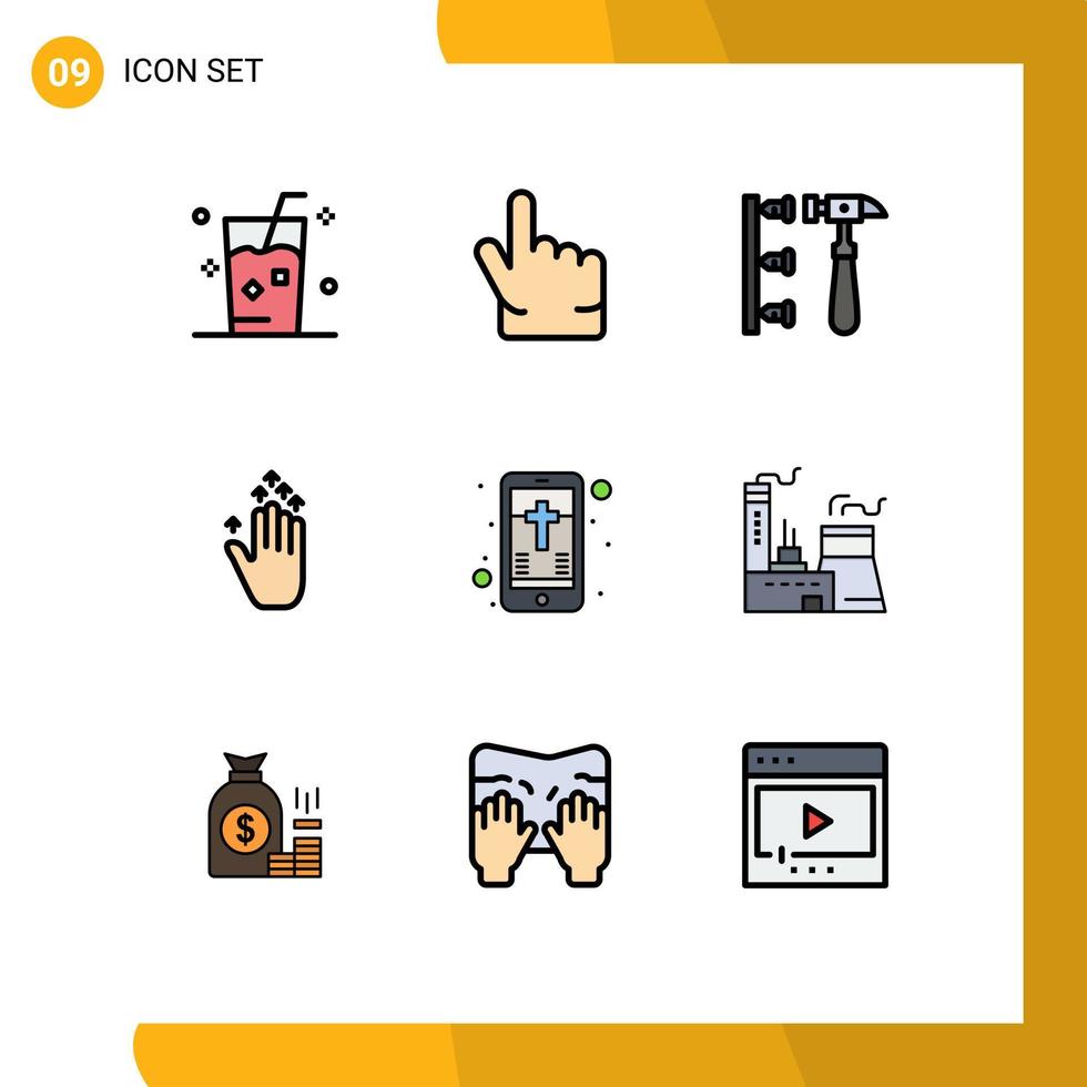 Pack of 9 Modern Filledline Flat Colors Signs and Symbols for Web Print Media such as christian mobile screw up gesture Editable Vector Design Elements