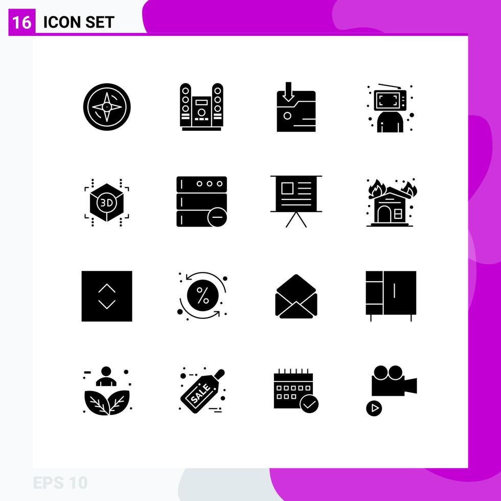 Pack of 16 Modern Solid Glyphs Signs and Symbols for Web Print Media such as shape cube download person computer Editable Vector Design Elements