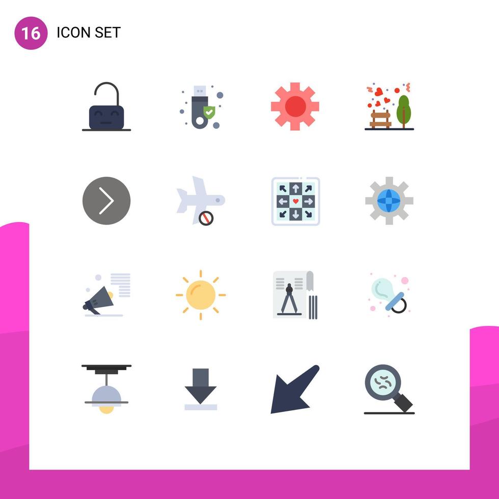 Pack of 16 Modern Flat Colors Signs and Symbols for Web Print Media such as media picnic setting park garden Editable Pack of Creative Vector Design Elements