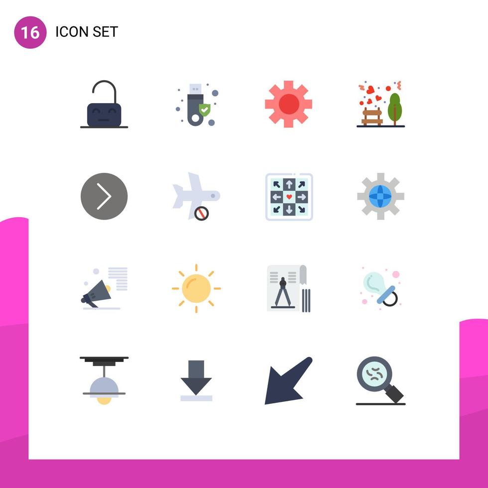 paquete de 16 signos y símbolos modernos de colores planos para medios de impresión web, como un entorno de picnic de medios, un paquete editable de elementos creativos de diseño de vectores