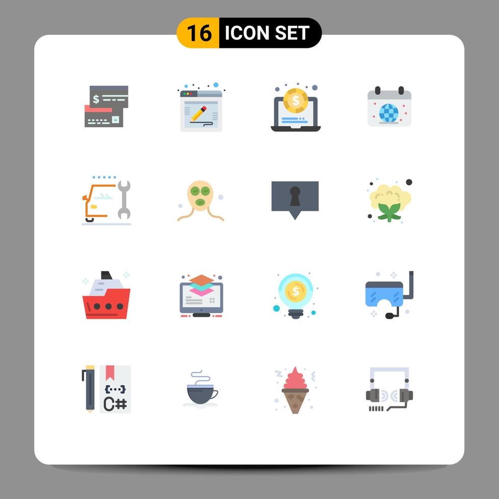 Modern Set of 16 Flat Colors and symbols such as car globe web earth calender Editable Pack of Creative Vector Design Elements