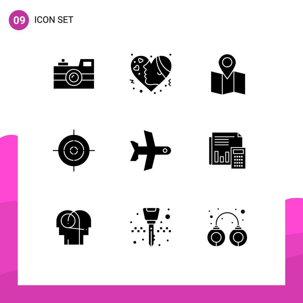 Pictogram Set of 9 Simple Solid Glyphs of takeoff target hearts interface pointer Editable Vector Design Elements