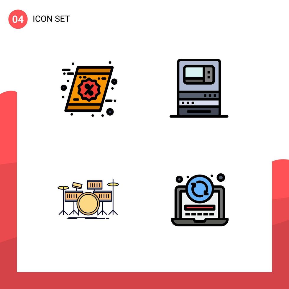 4 Universal Filledline Flat Colors Set for Web and Mobile Applications coupon drum shopping machine instrument Editable Vector Design Elements