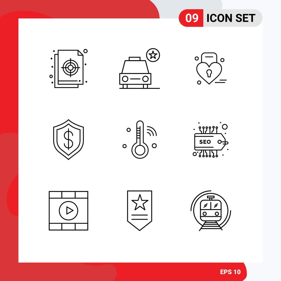 Set of 9 Vector Outlines on Grid for technology cyber vehicles cashless weding Editable Vector Design Elements