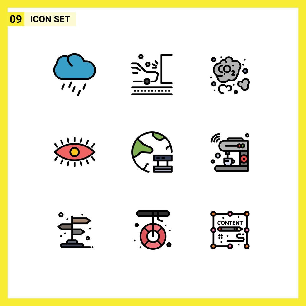 Filledline Flat Color Pack of 9 Universal Symbols of cloud watch traffic eyes dioxide Editable Vector Design Elements