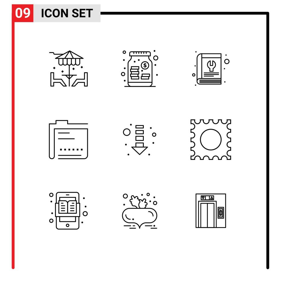 paquete de línea de vector editable de 9 contornos simples de la herramienta de contenido de libro de datos de archivo elementos de diseño de vector editable