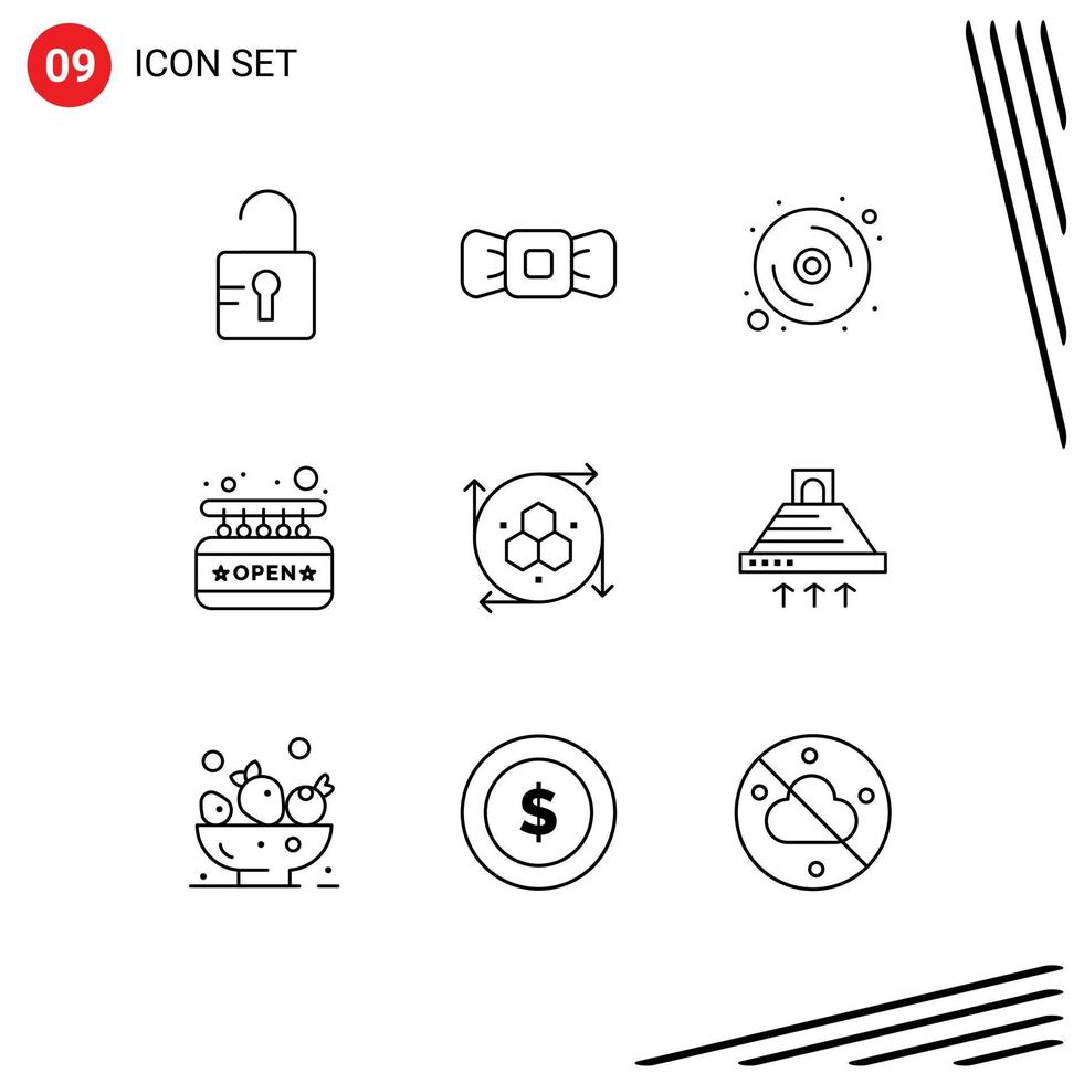 conjunto de pictogramas de 9 contornos simples de la aplicación de modelado tablero de datos de gráficos de computadora elementos de diseño vectorial editables abiertos vector