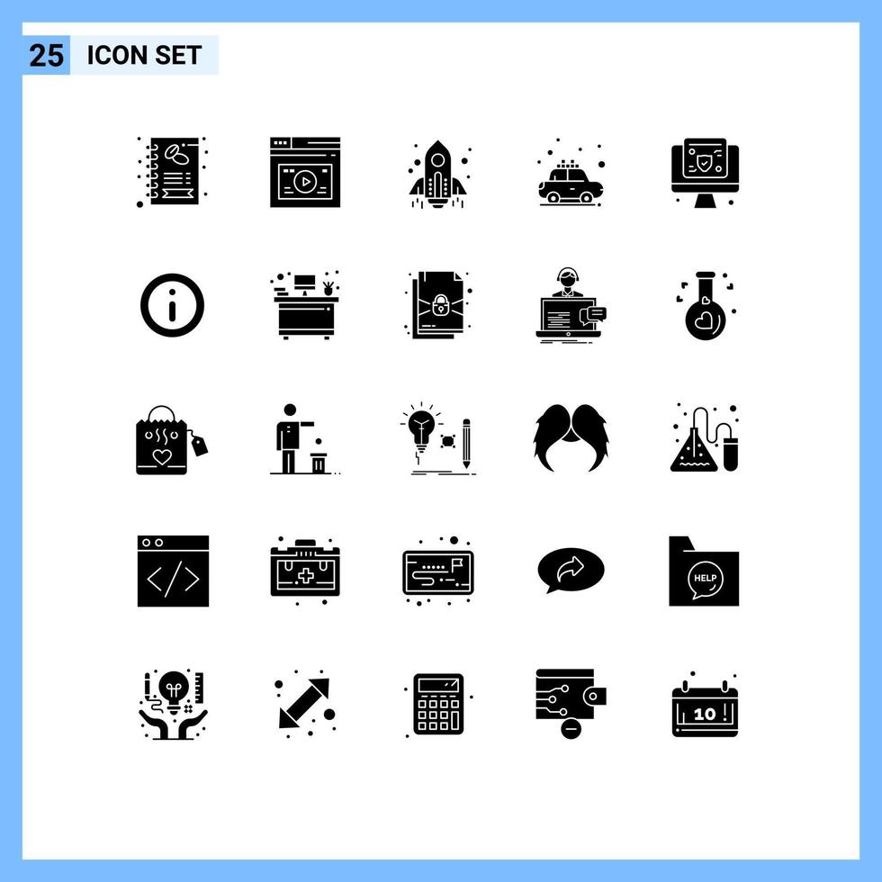 Modern Set of 25 Solid Glyphs Pictograph of computer transport media taxi launch Editable Vector Design Elements