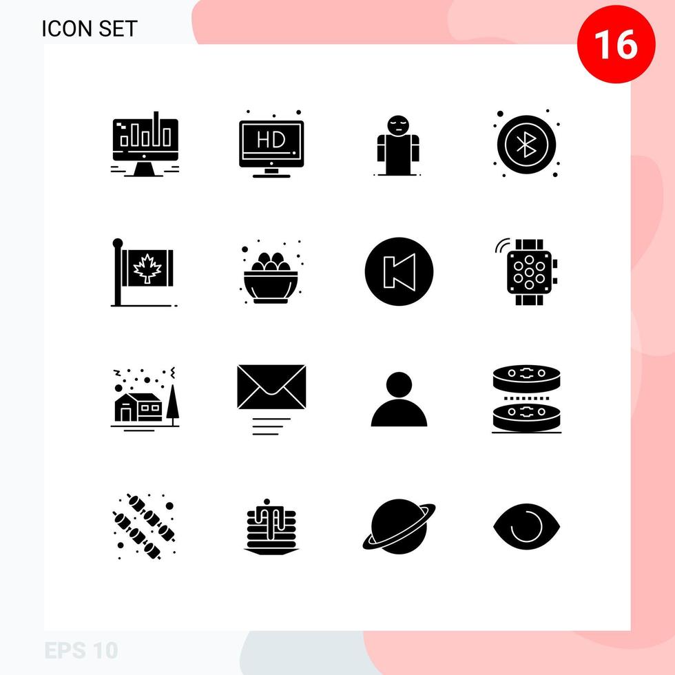 Pack of 16 Modern Solid Glyphs Signs and Symbols for Web Print Media such as canada flag arms user bluetooth Editable Vector Design Elements