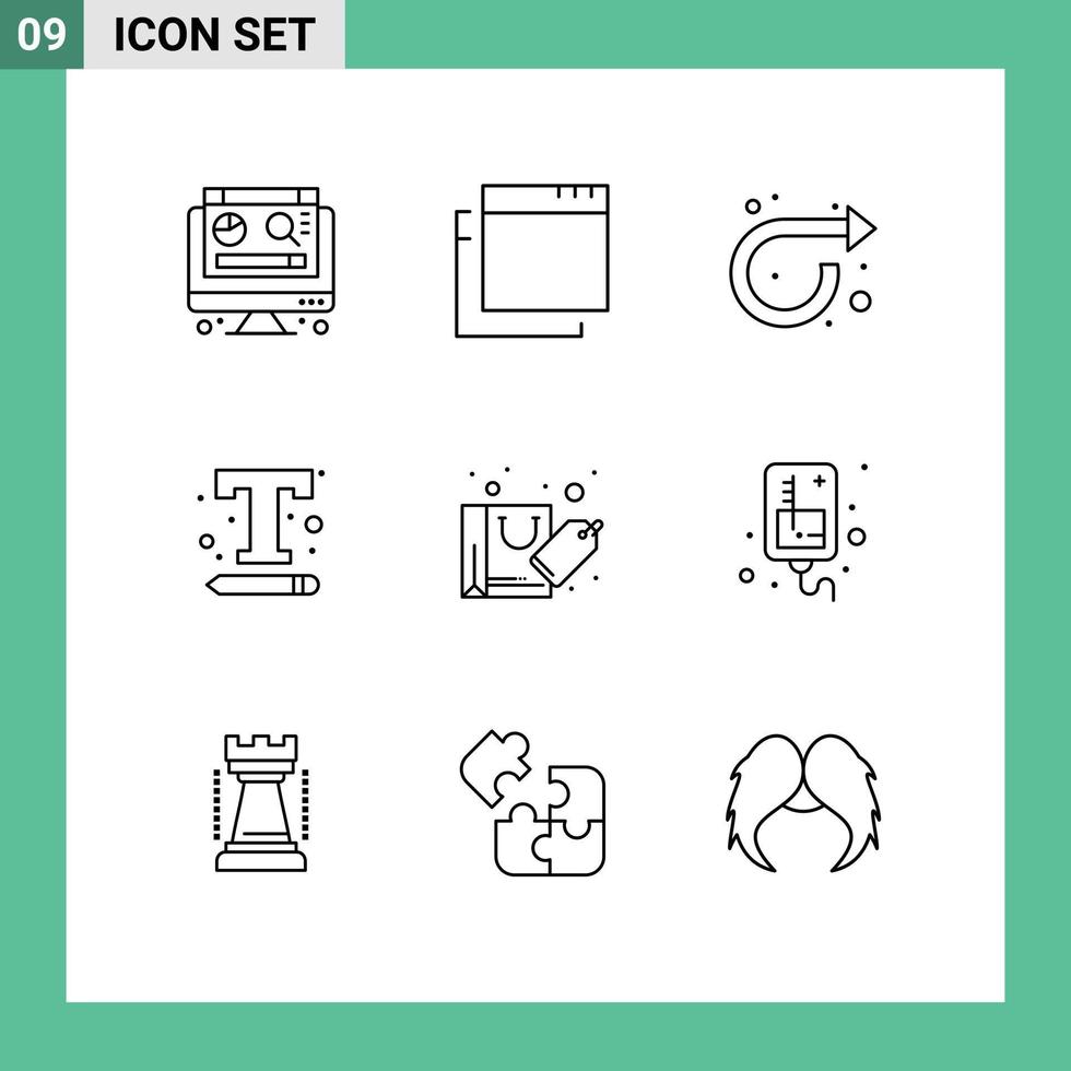 Modern Set of 9 Outlines Pictograph of sale discount right bag text settings Editable Vector Design Elements