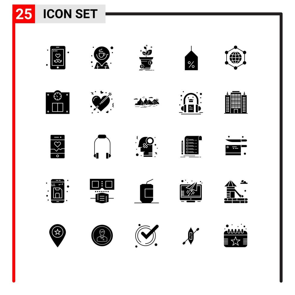 Pack of 25 Modern Solid Glyphs Signs and Symbols for Web Print Media such as logistic label map tag profit Editable Vector Design Elements