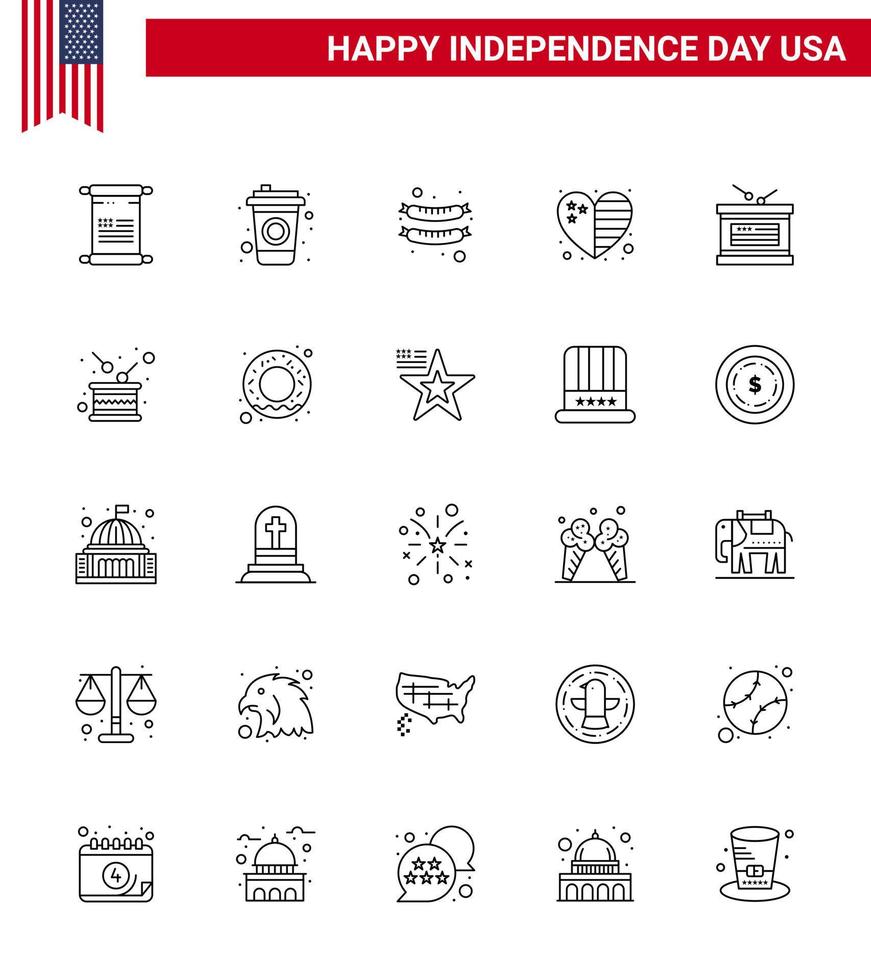 Modern Set of 25 Lines and symbols on USA Independence Day such as independence day holiday frankfurter drum flag Editable USA Day Vector Design Elements