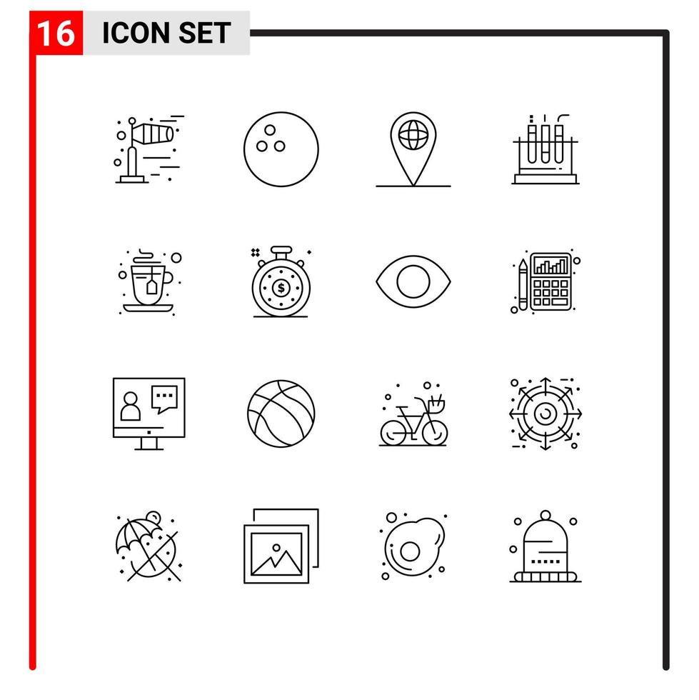 Universal Icon Symbols Group of 16 Modern Outlines of speedometer clock tube tea cup Editable Vector Design Elements